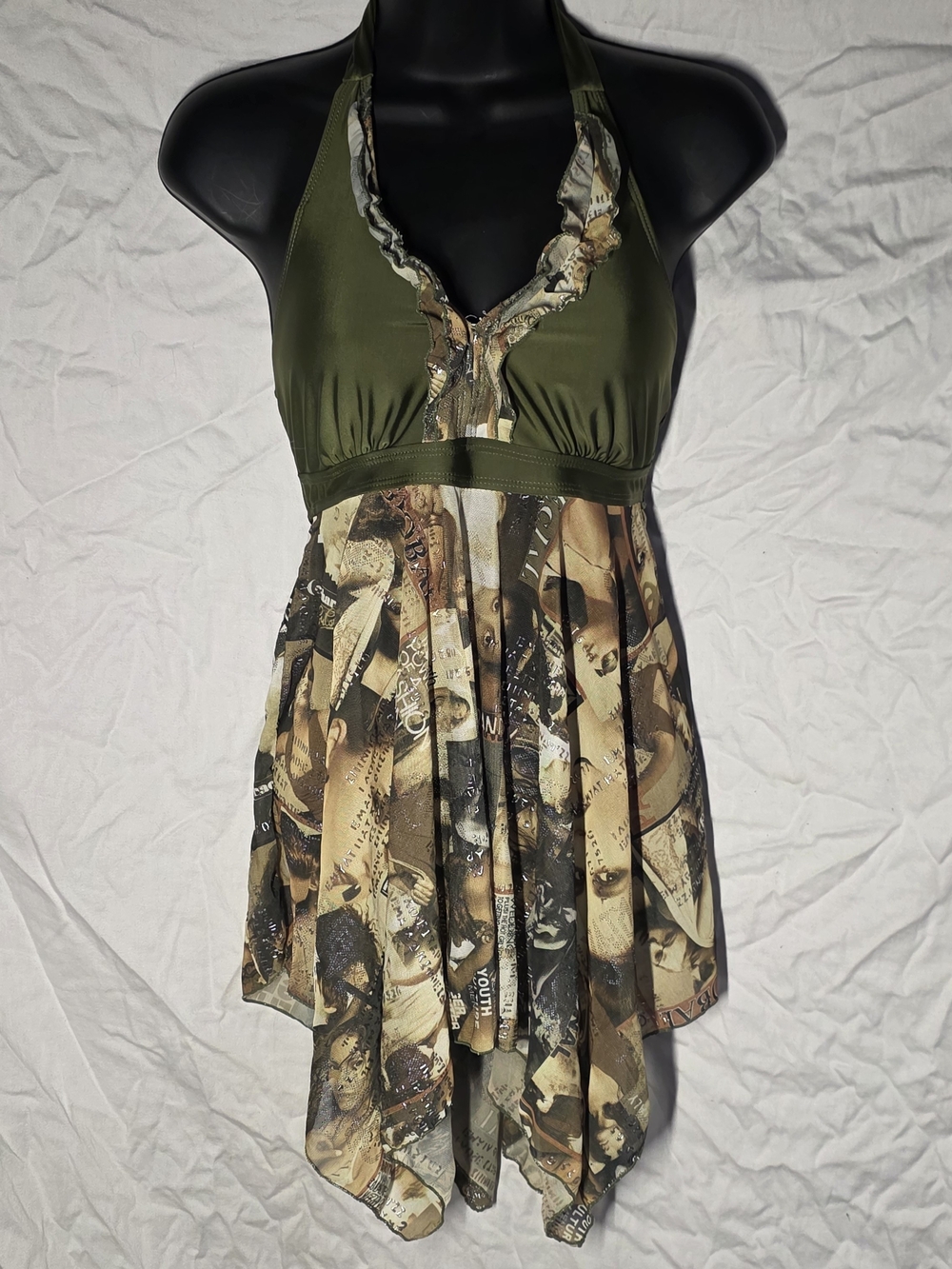 Olive Green Y2K Vintage Newspaper Print Halter Swim Top Handkerchief Hem